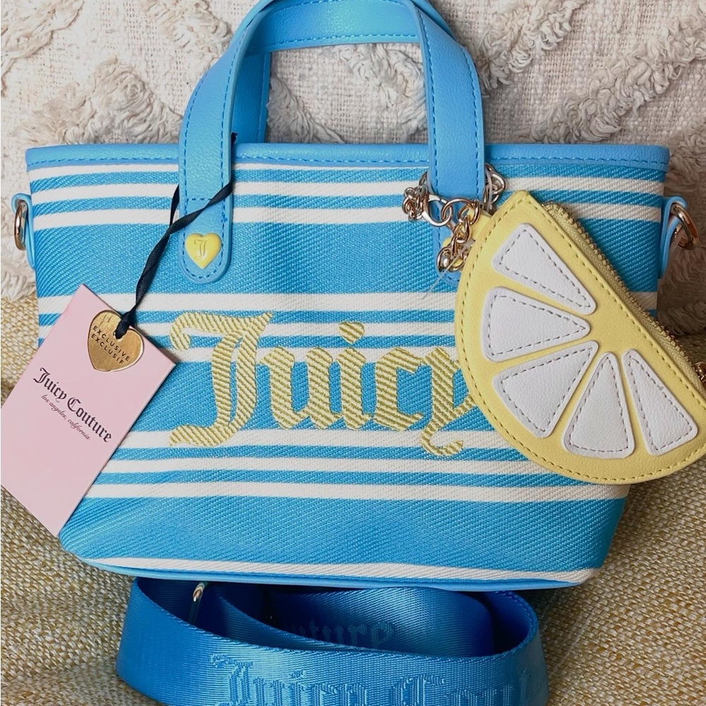 Juicy Couture Blue and Yellow Striped Canvas Tote with Lemon Charm